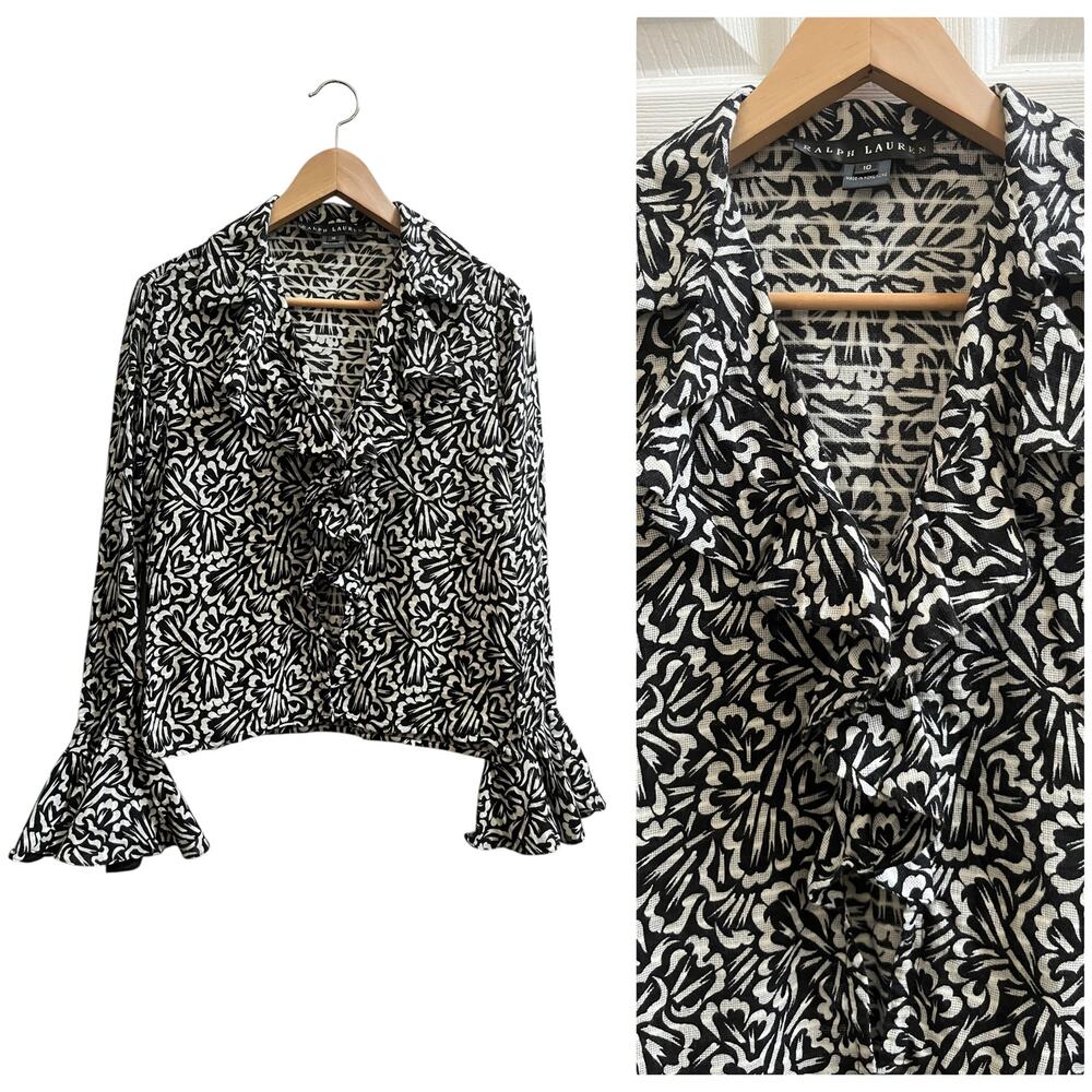 Ralph Lauren Monochrome Ruffle Trim Hook Eye Closure Lightweight Layer Top 10